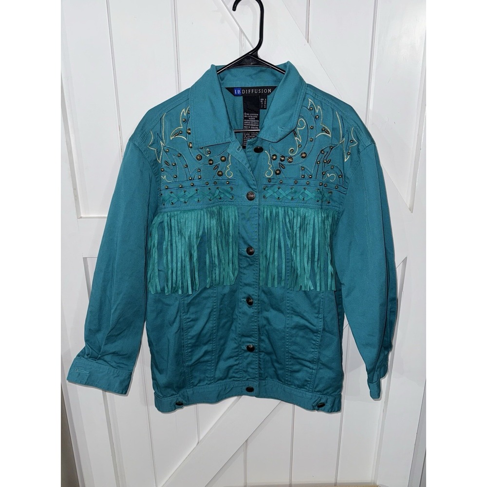 Vintage‎ 90s IB Diffusion Denim Jacket Blazer Beaded Glam Rock size USA 8